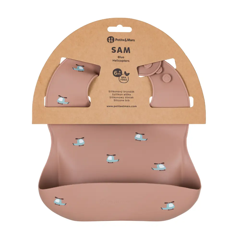 PETITE&MARS Podbradník silikónový Take&Match Blue Helicopters 6m+