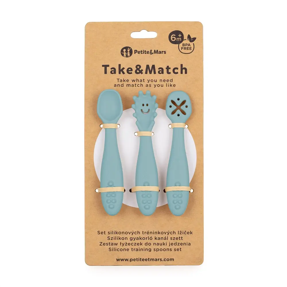 PETITE&MARS Set 3 ks silikónových tréningových lyžičiek Take&Match Frosted Sky 6m+