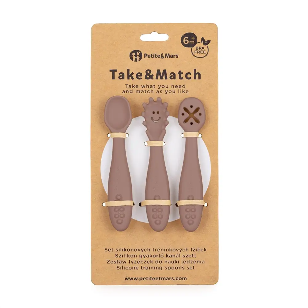 PETITE&MARS Set 3 ks silikónových tréningových lyžičiek Take&Match Velvet Latte 6m+