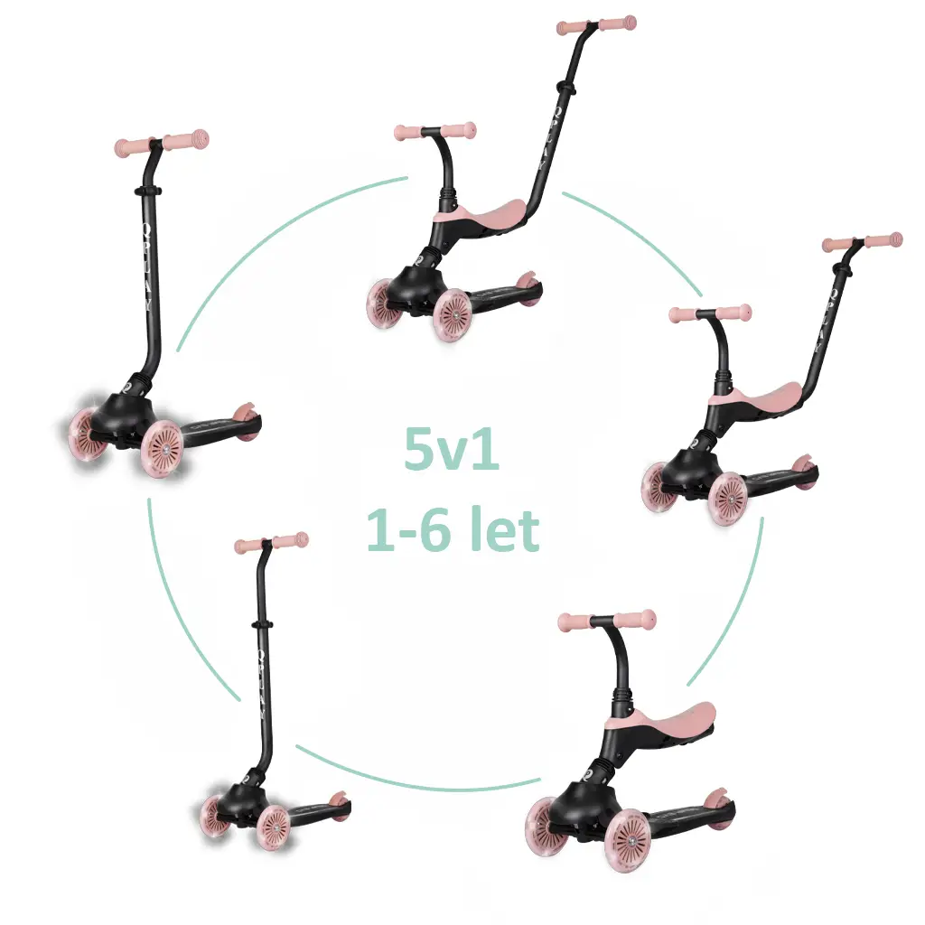 QPLAY Koloběžka / odrážedlo Sema Evo s LED světly Coral Pink, věk 1 - 6 let, do 50 kg