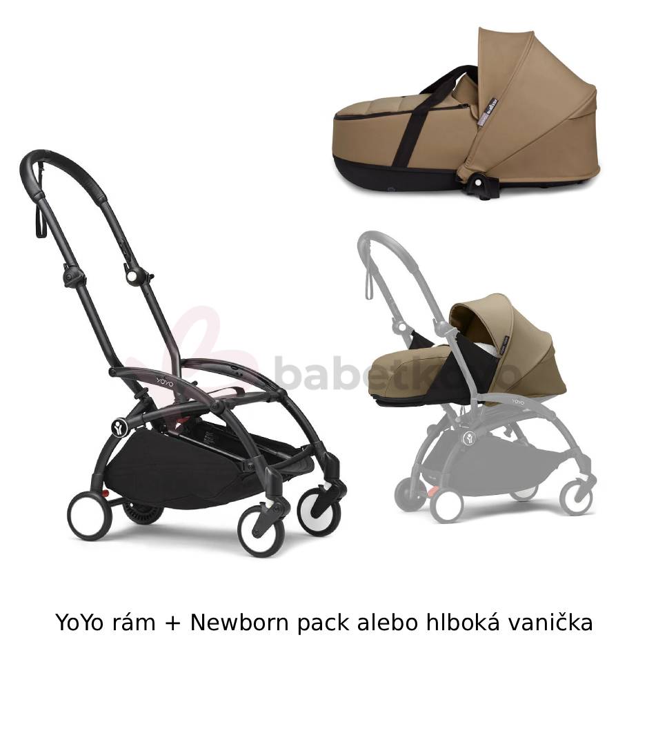 STOKKE® YOYO³ Rám Black + Newborn pack alebo vanička 0+ Toffee
