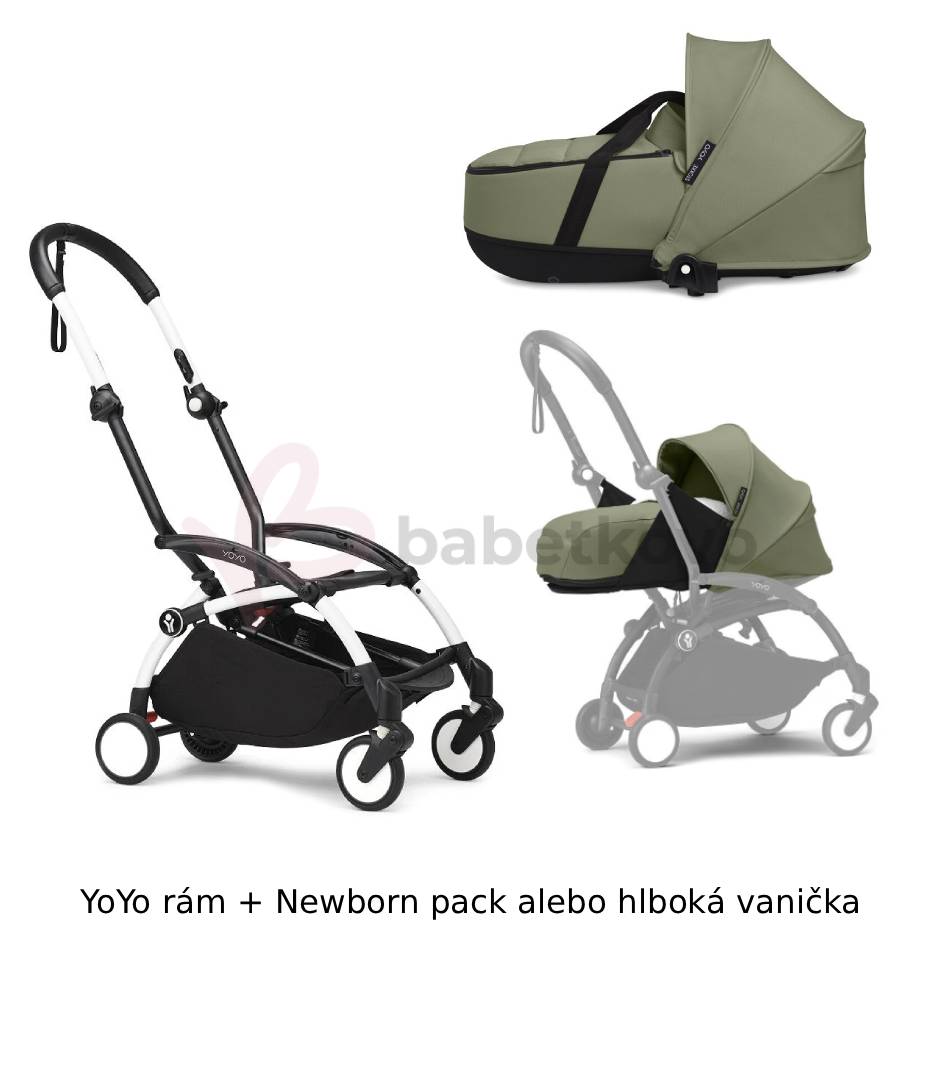 STOKKE® YOYO³ Rám White + Newborn pack alebo vanička 0+ Olive