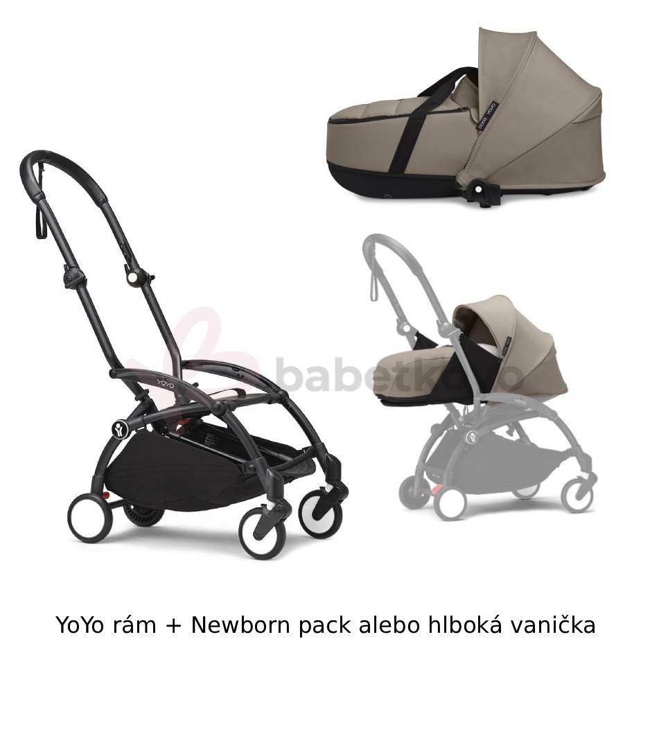 STOKKE® YOYO³ Rám Black + Newborn pack alebo vanička 0+ Taupe