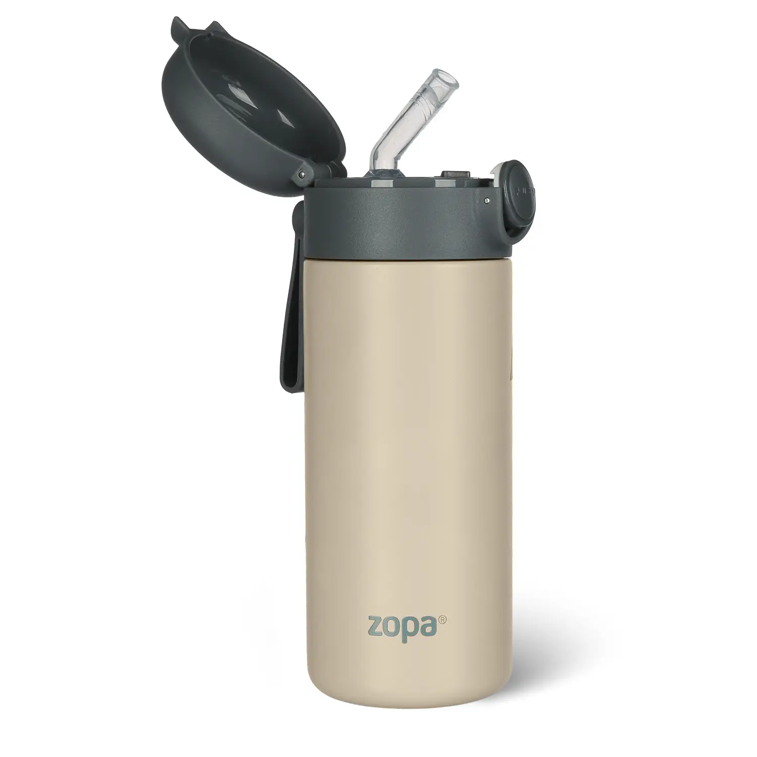 Zopa Termoska na tekutiny s brčkem a silikonovým držákem 350 ml, Cookie beige