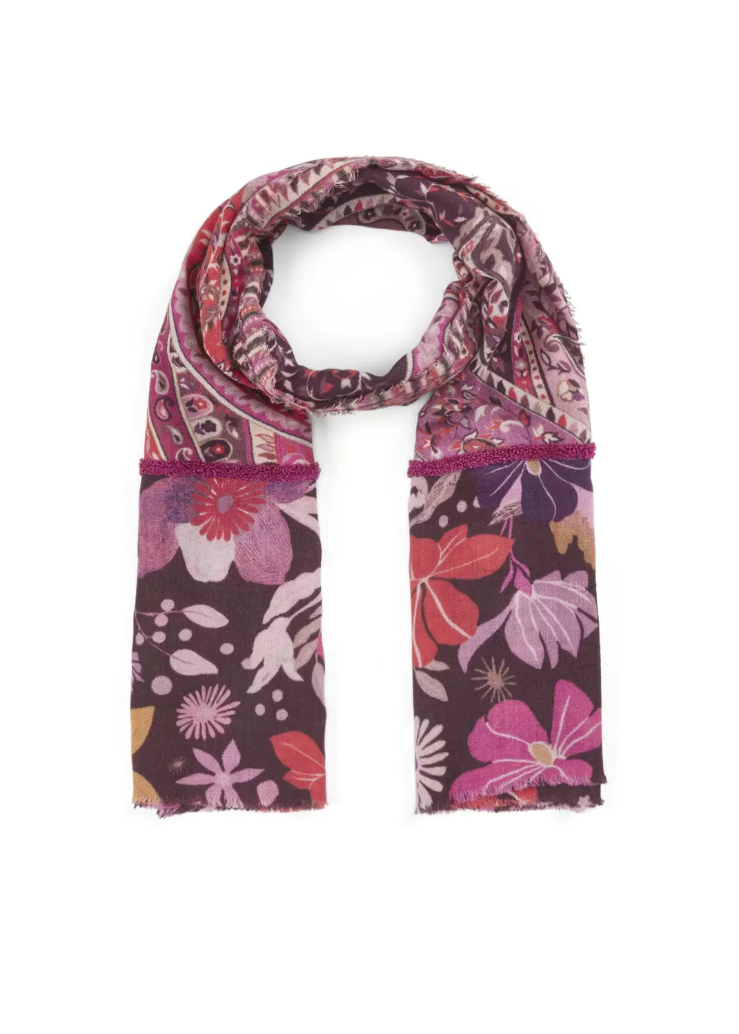 Premium Schal aus Wollmischung mit appliziertem Zierband und Paisleymuster