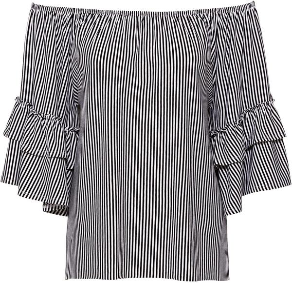 Ringel-Shirt mit Carmenausschnitt und Volantärmel mit Rüsche