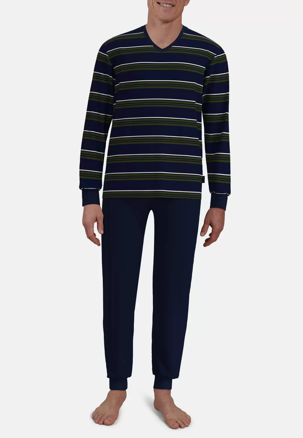 Lounge Set, V-A., Bündchen, blau-dunkel-Ringel