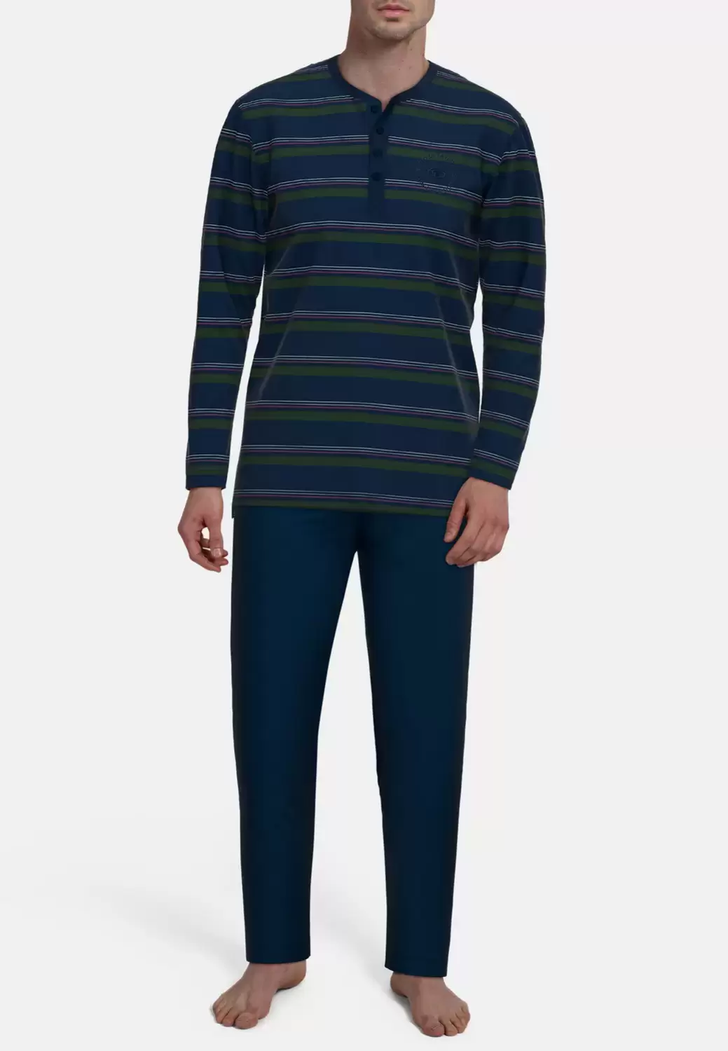 Pyjama, 4-Knopfv., offen, blau-mittel-Ringel