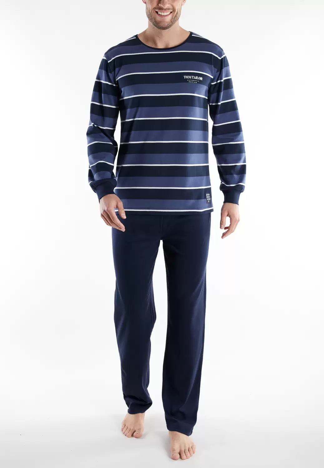 Pyjama, Rundhals, Bündchen, blau-mittel-Ringel