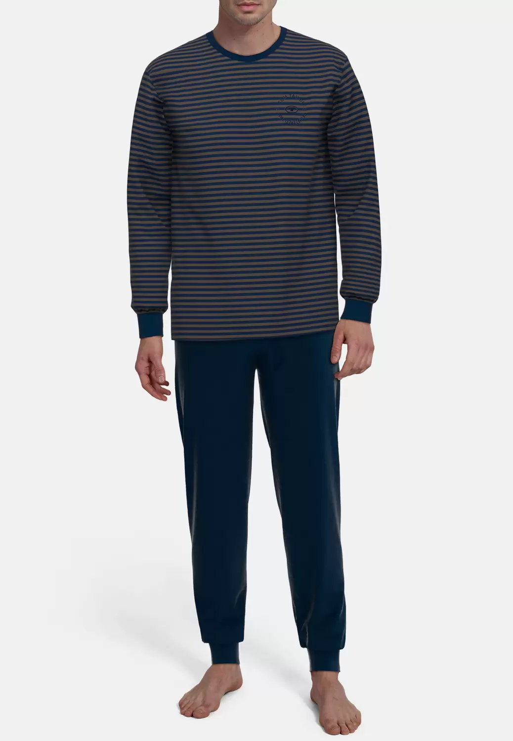 Pyjama, Rundhals, Bündchen, braun-dunkel-Ringel