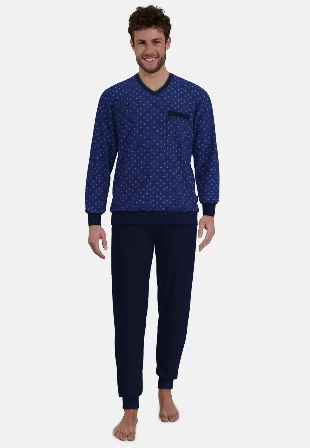 Pyjama, V-A., Bündchen, blau-mittel-Allover