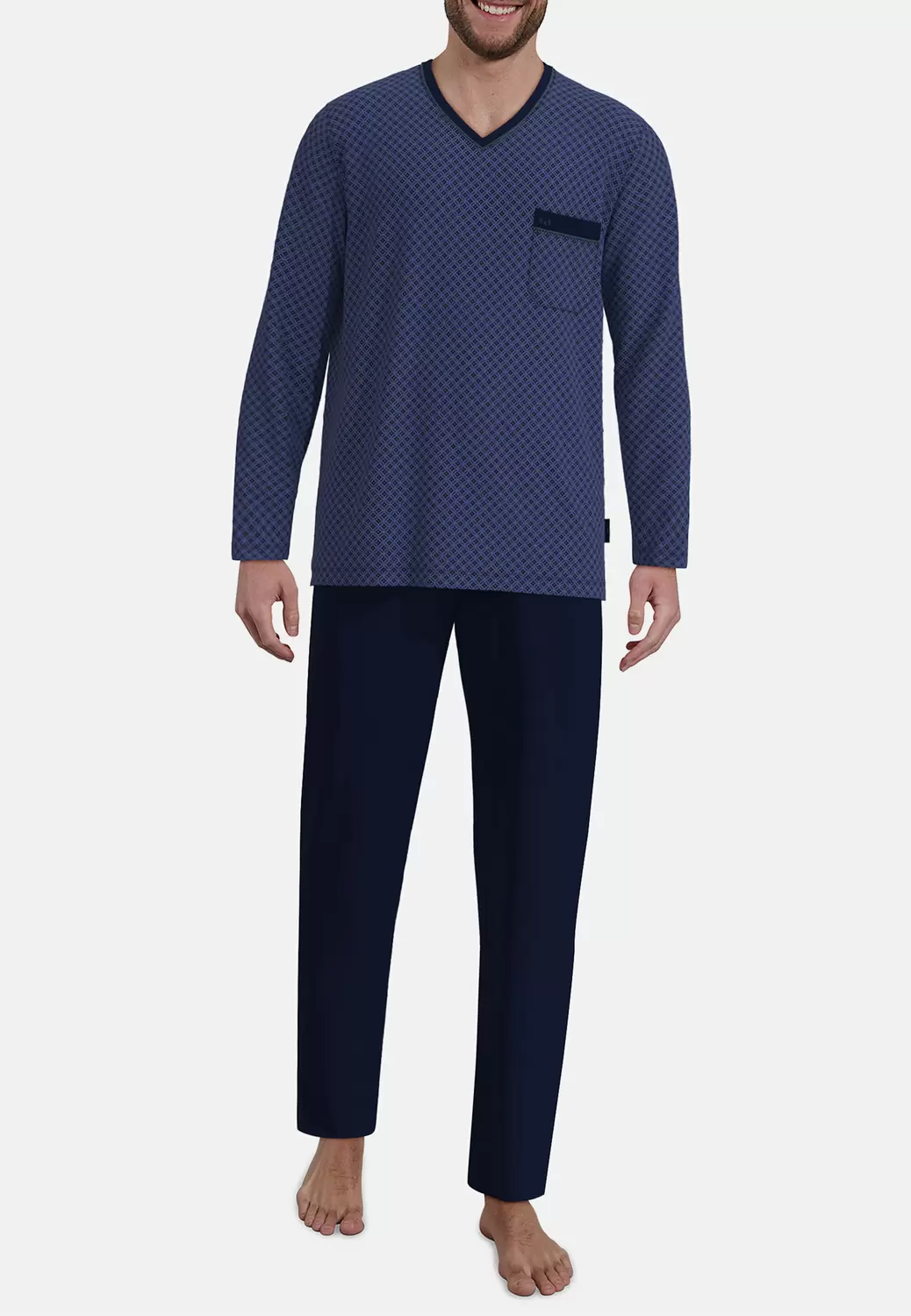 Pyjama, V-A., offen, blau-mittel-Allover