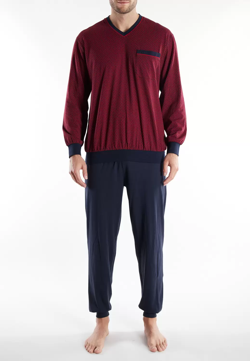 Pyjama, V-A., Bündchen, rot-dunkel-Allover