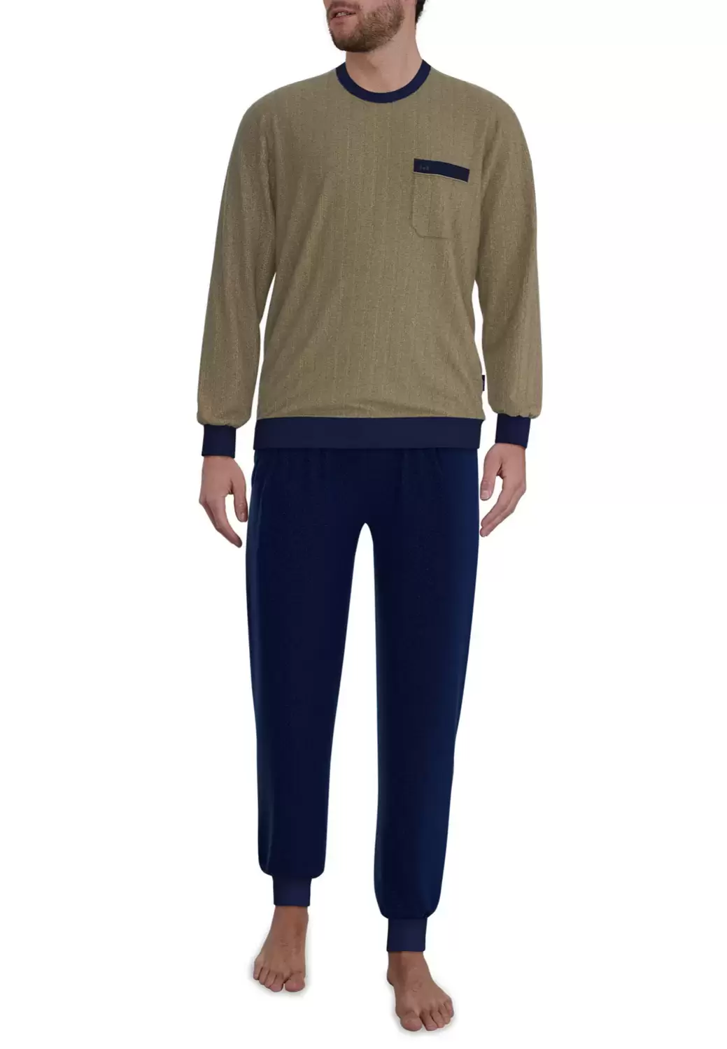 Pyjama, Rundhals, Bündchen, braun-mittel-uni