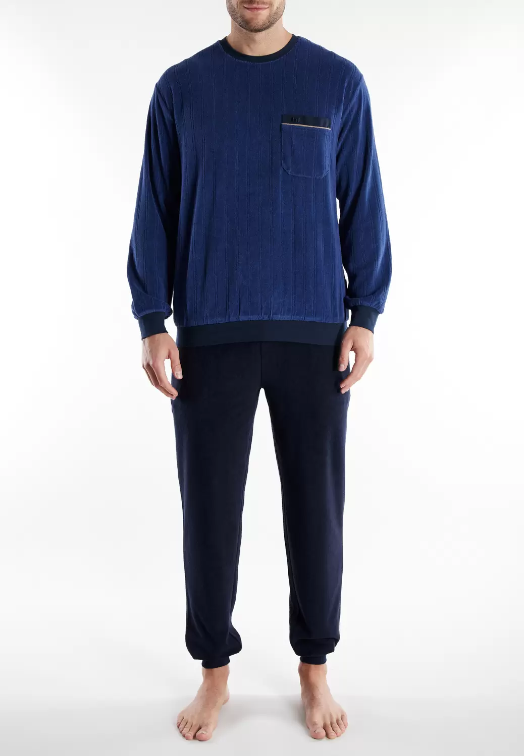 Pyjama, Rundhals, Bündchen, blau-mittel-uni