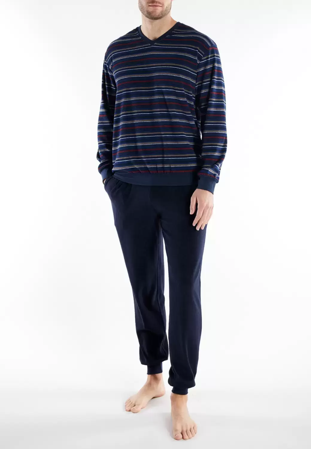 Pyjama, V-A., Bündchen, blau-mittel-Ringel