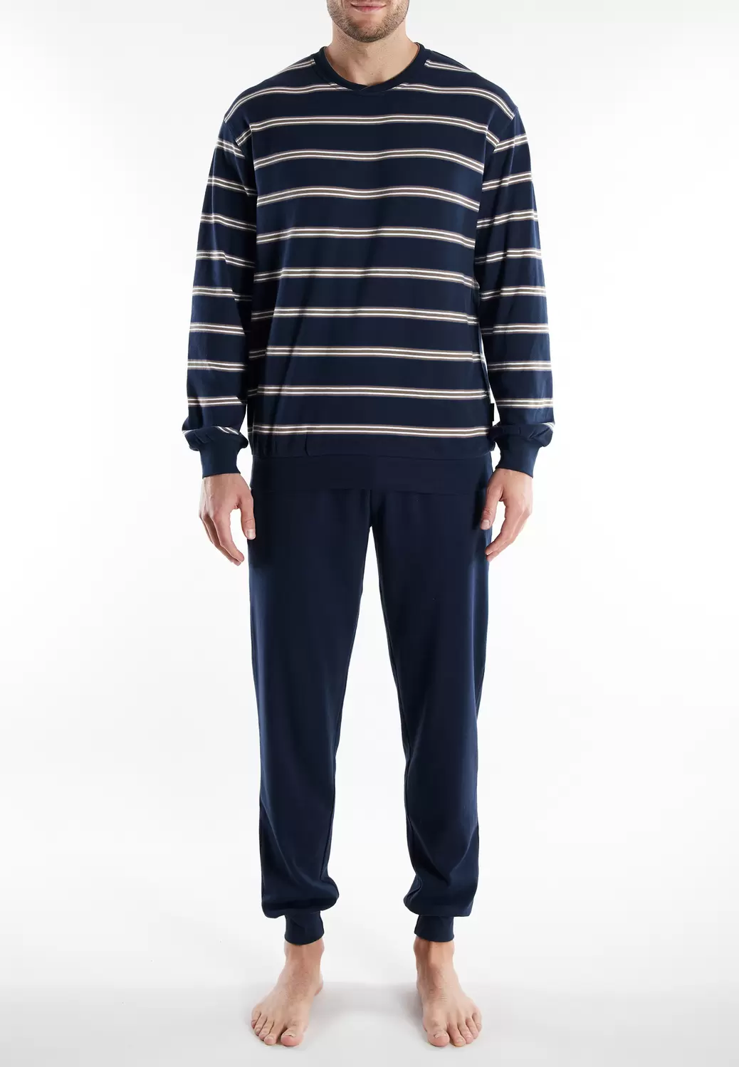 Pyjama, Rundhals, Bündchen, blau-dunkel-Ringel