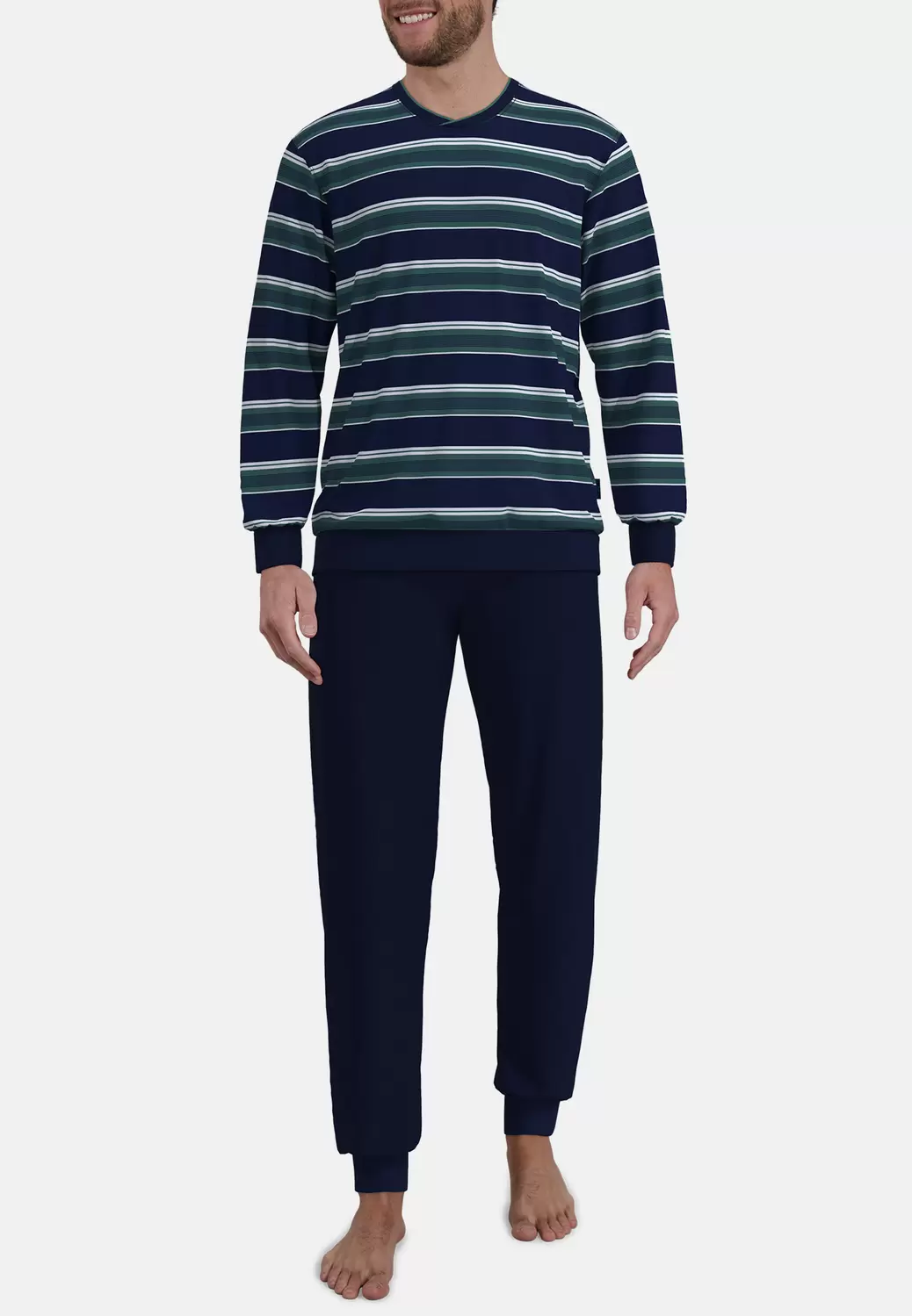 Pyjama, Rundhals, Bündchen, grün-dunkel-Ringel