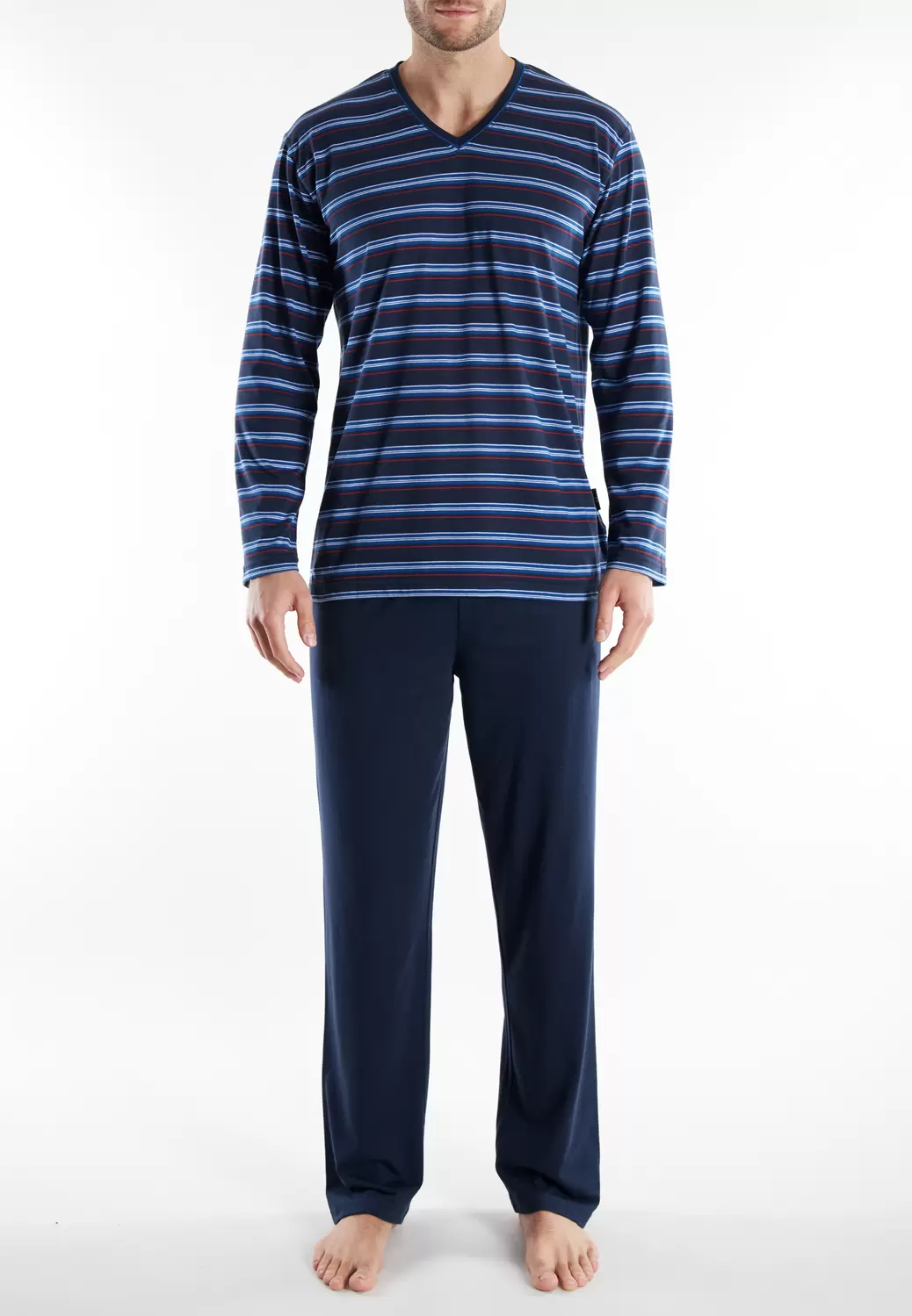 Pyjama, V-A., offen, blau-mittel-Ringel