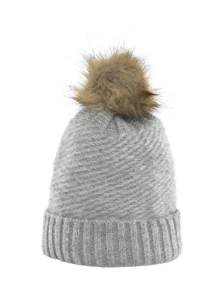 beanie with fake fur pompom - 10367/Light Silver G