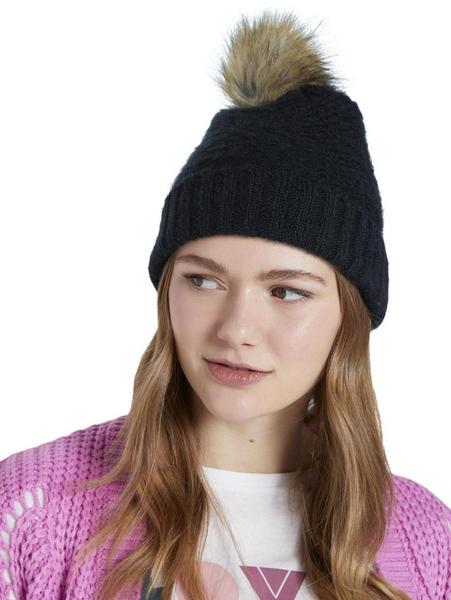 beanie with fake fur pompom - 14482/Deep Black