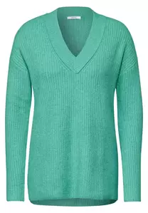 Cosy long V-Neck - 16256/aventurine green melange