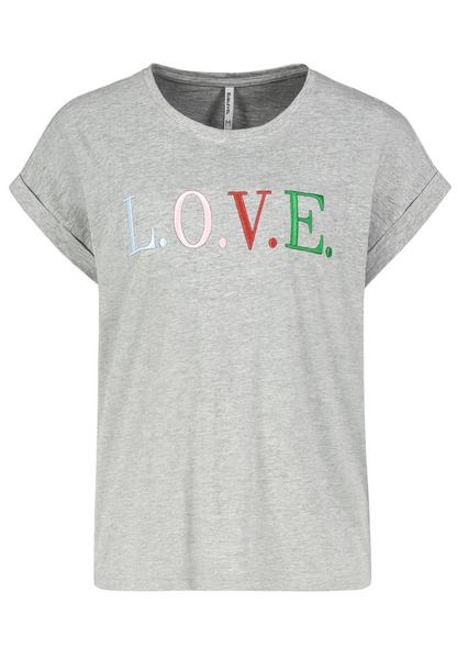 DOB T-Shirt, weiter Style, angeschnittene Ärmelmit Aufschlag, Rundhals mit Blende, verschiedeneStickereien auf Vorderteil "BISOU/ LOVE/PEACE"