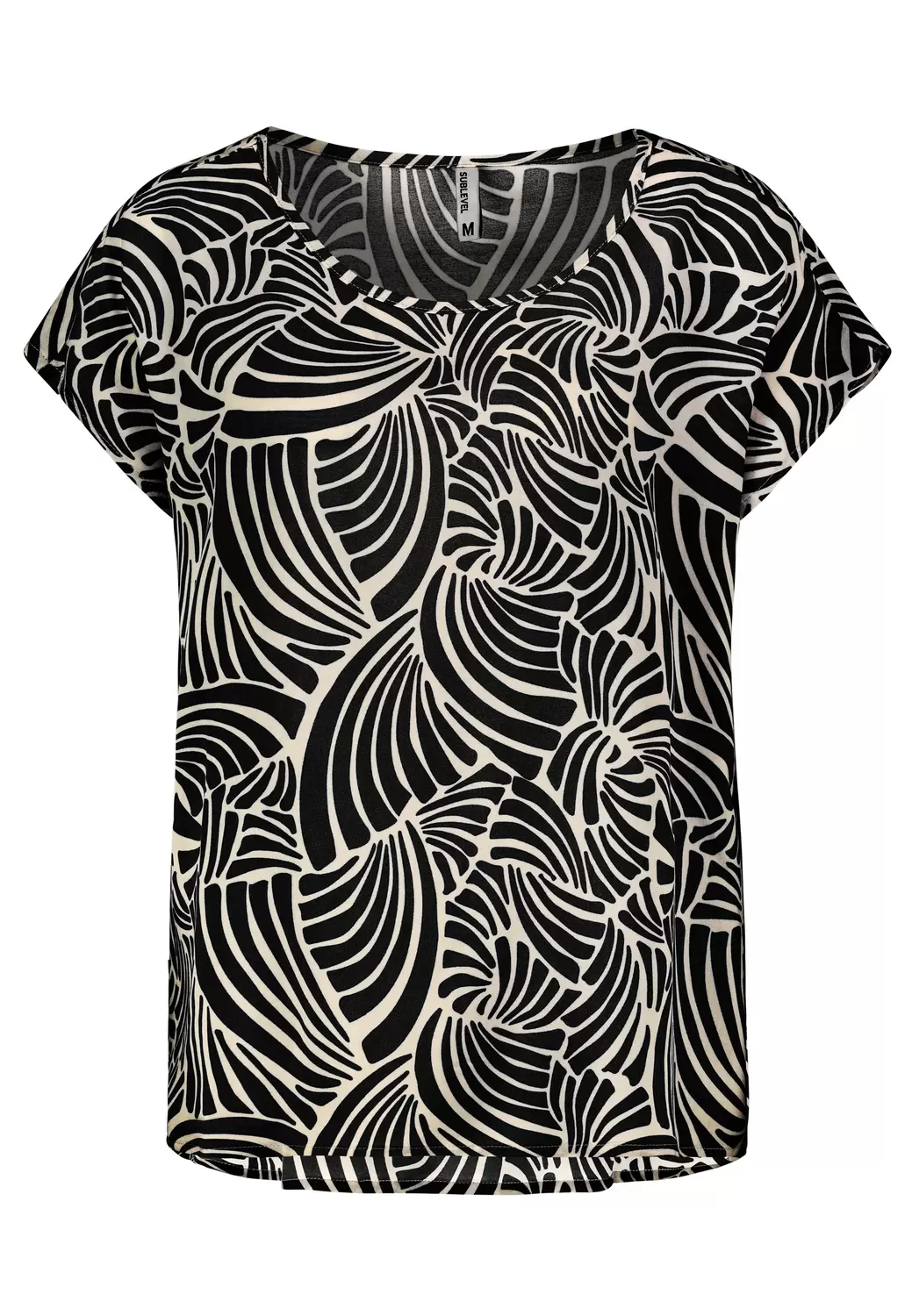 DOB Bluse, Rundhals mit Piping, übe, graphics: black-canvas beige
