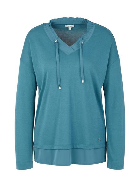 fabric mix v-neck T-shirt - 13222/Pastel Teal