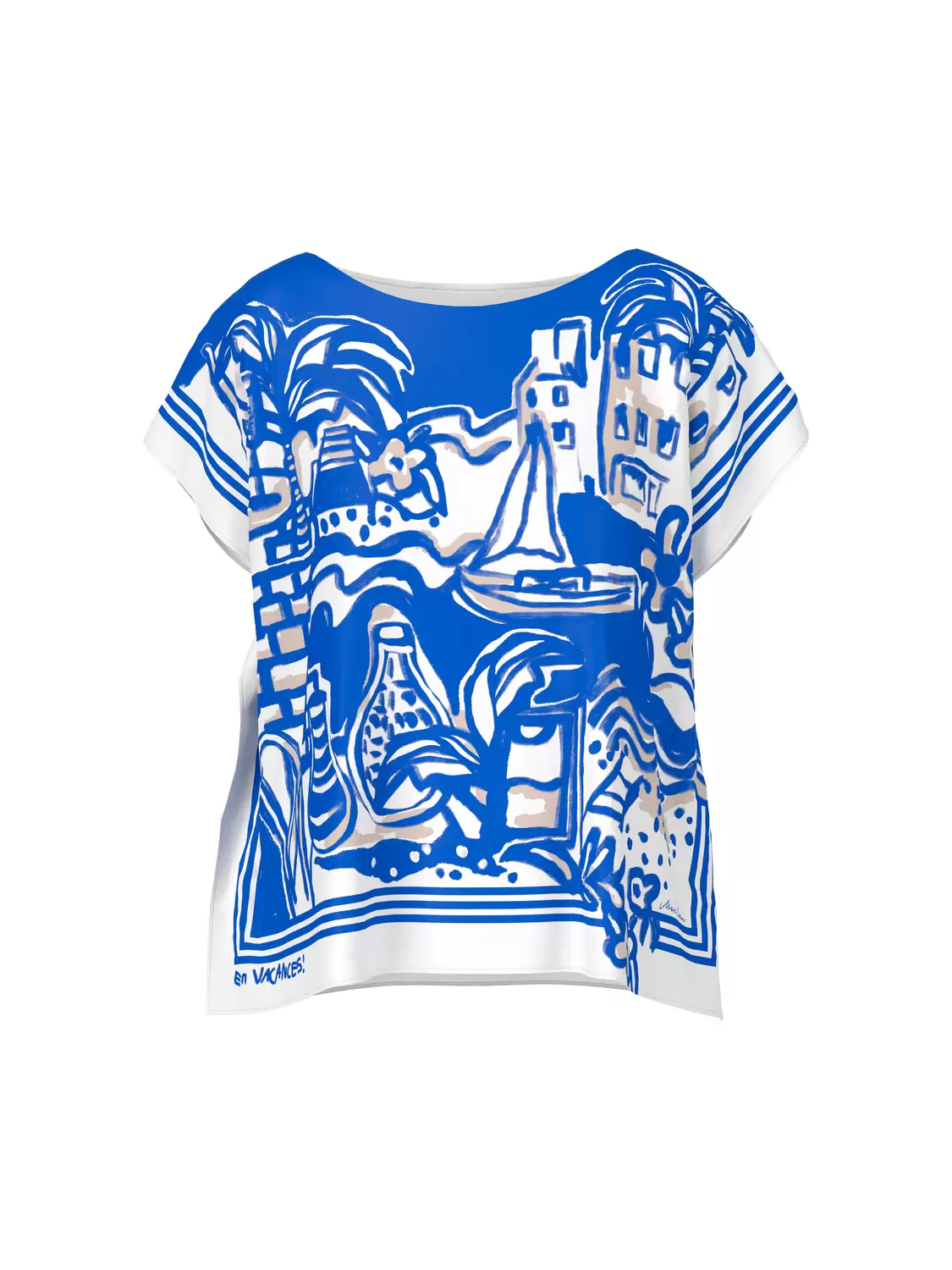 Edle Schlupfblusemit Francis-Print mit Seitenschlitzen Blau
