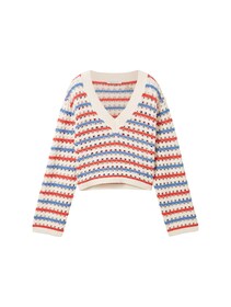 open knit pullover - 34684/blue red white stripe