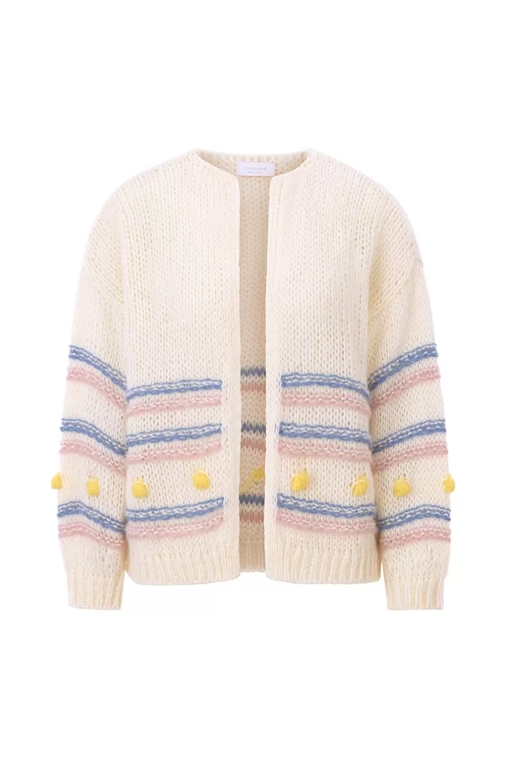 Multicoloured stripe cardigan with pompoms