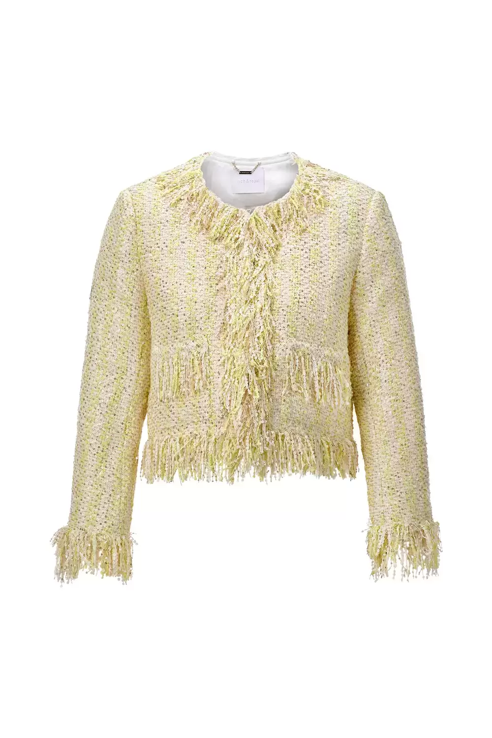Short boucle jacket with fringes