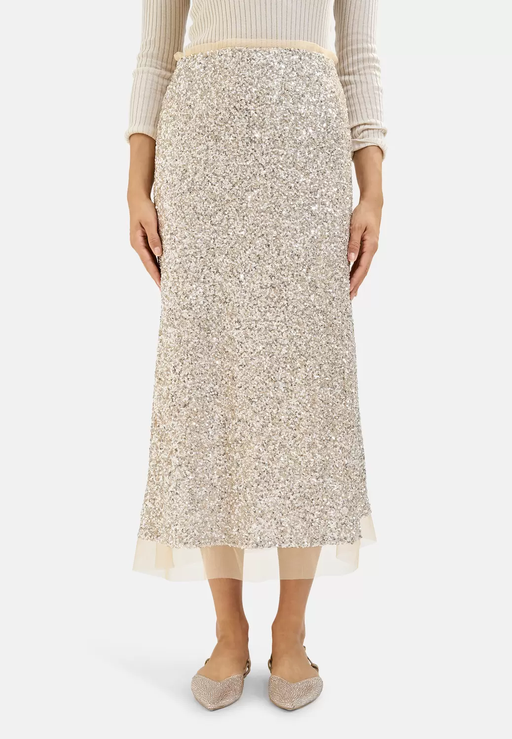 A-shape Midiskirt w ealstic waist + tulle layer at hem