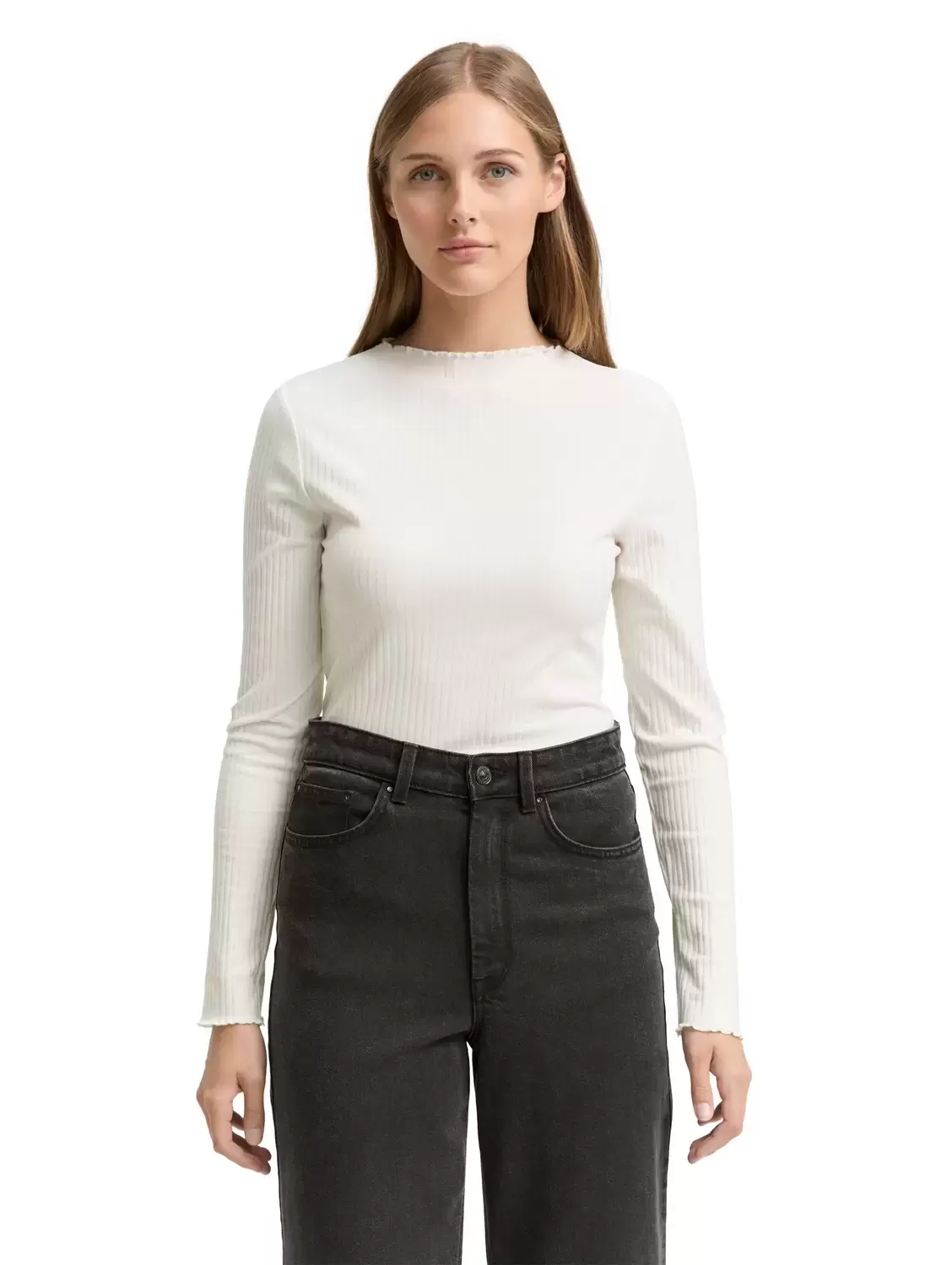 rib T-shirt with frill edge