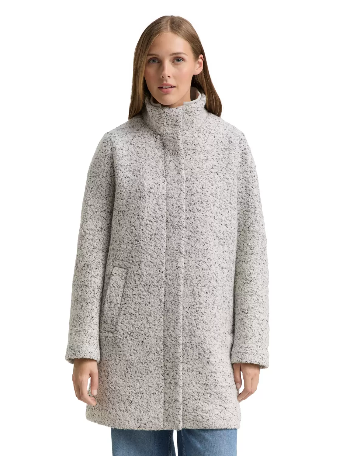 Bouclé Wollmantel mit Stehkragen