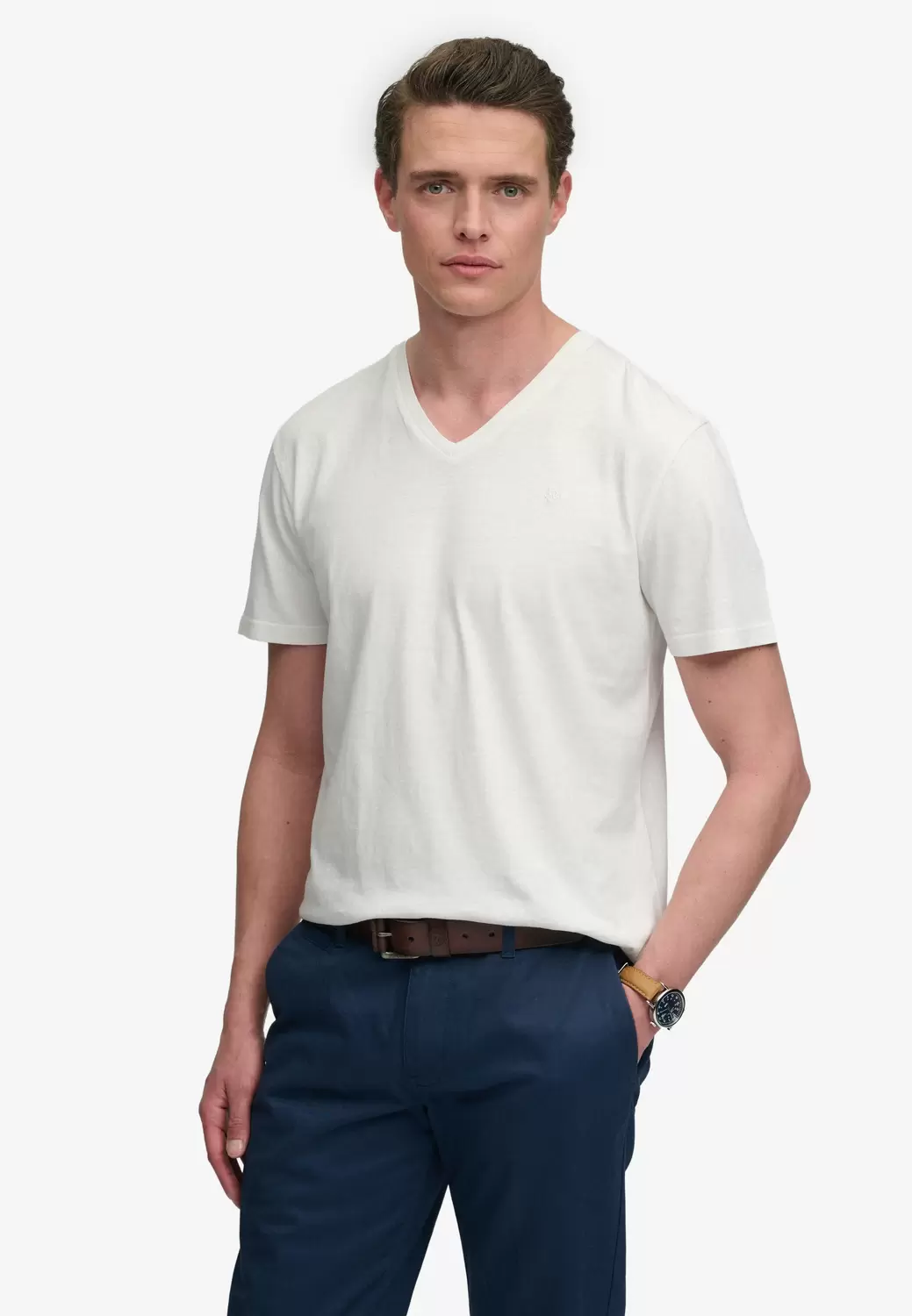Classic Baumwoll-Leinen T-Shirt mit V-Ausschnitt