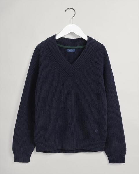 Gerippter V-Neck Wollpullover