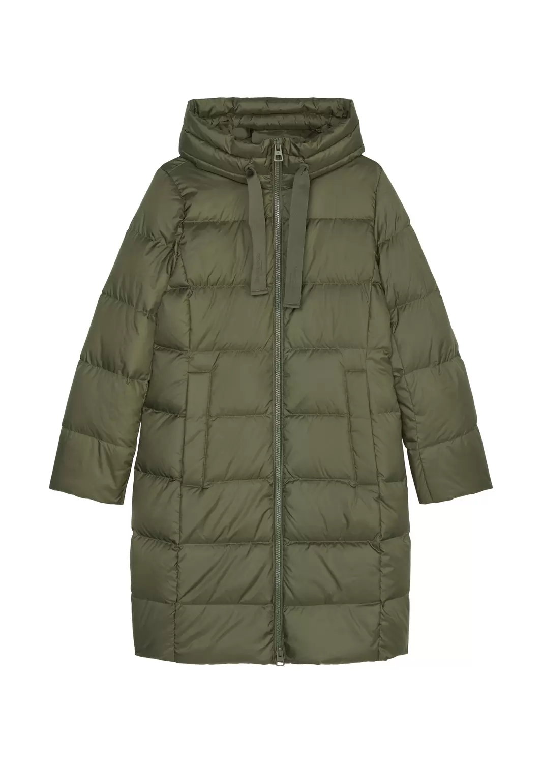 Coat, down filled, with hood, welt pockets, drawstring at hood tunnel