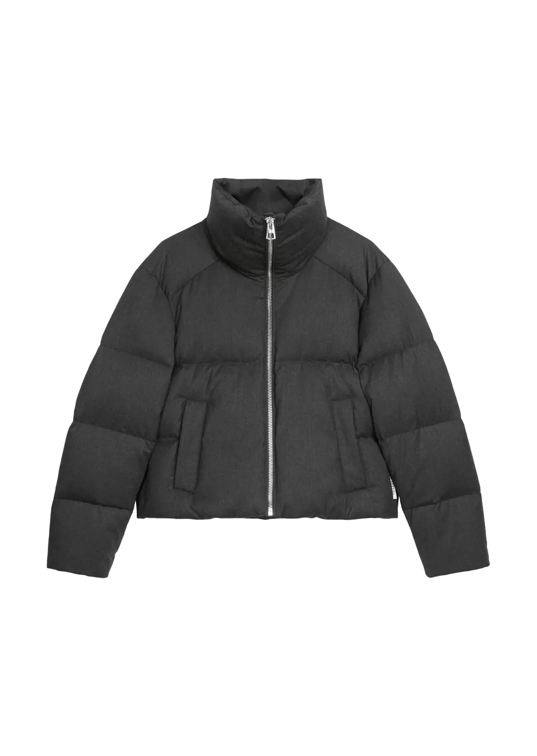 Jacket, down filled, stand-up collar, welt pockets, drawstring at hem