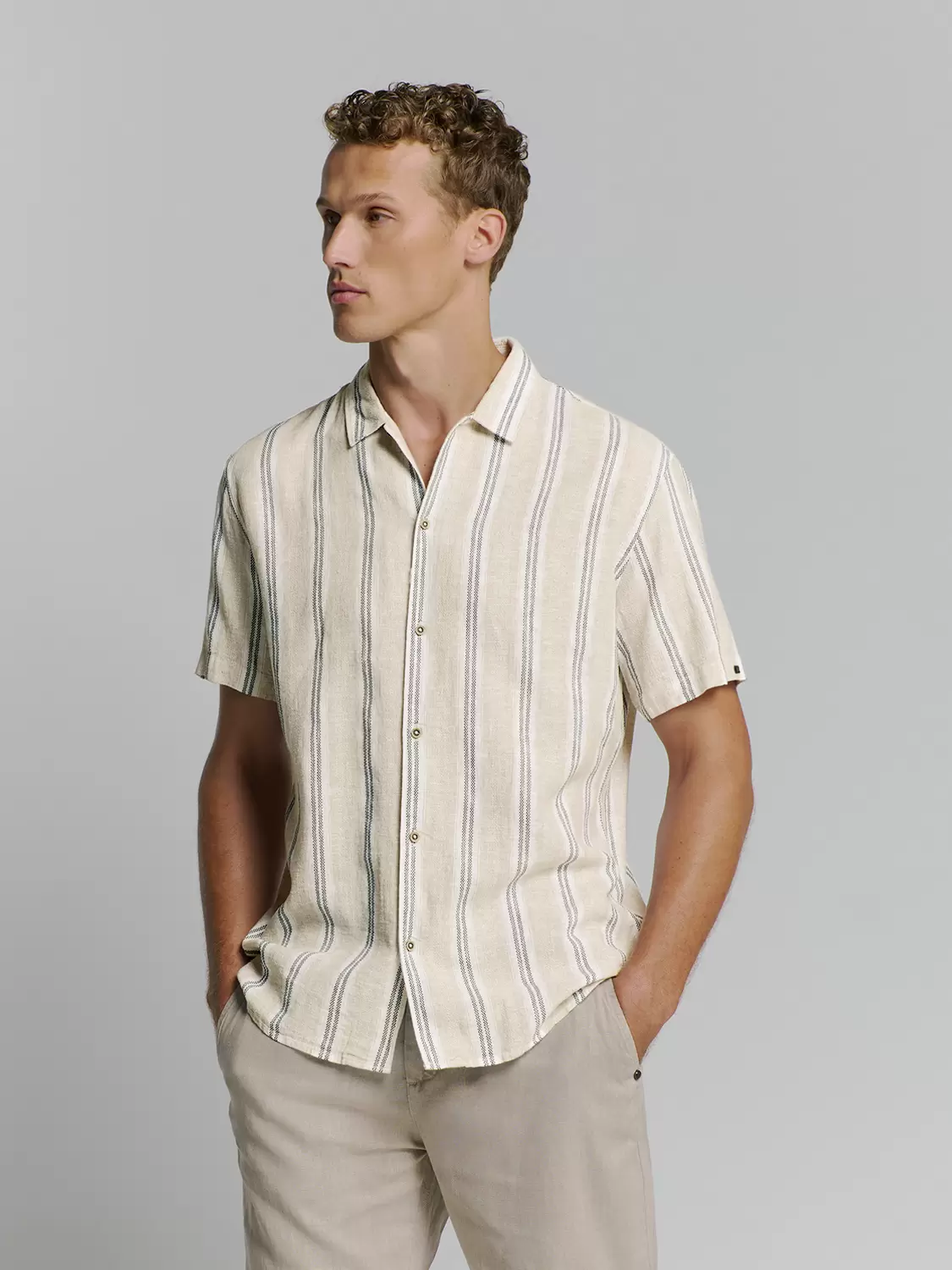 Shirt Short Sleeve Dobby Vertical Stripe With Linen