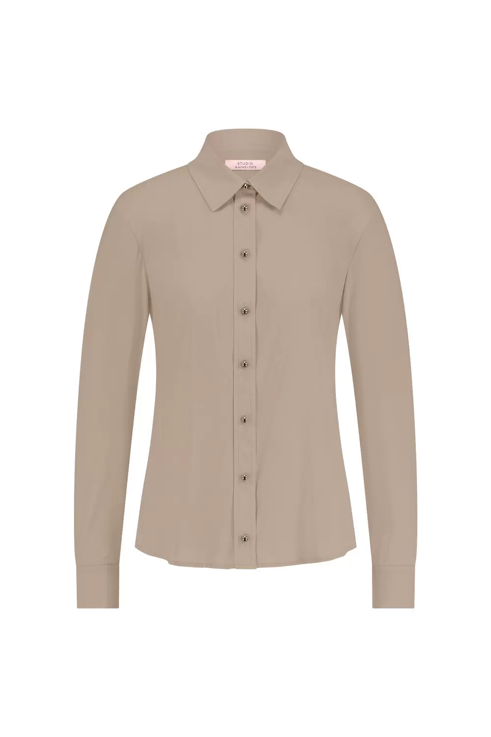 BOBBY Damen Bluse – Latte, goldene Knöpfe, klassischer Kragen, Light Travel-Stoff