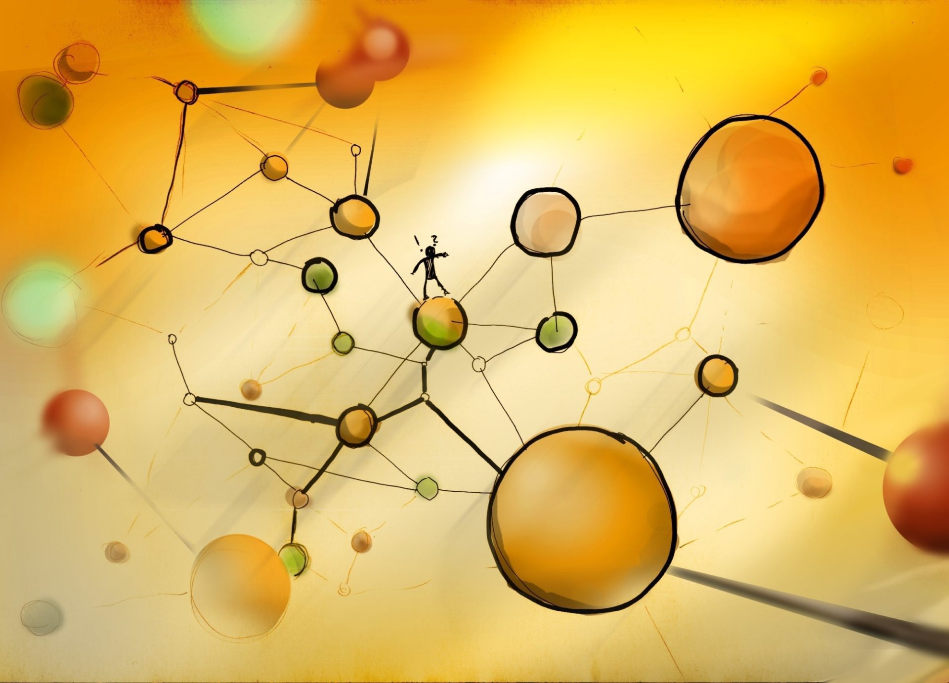 Stilisierte grafische Darstellung, welche Sinnbeziehungen darstellen soll und an den Aufbau von Molekülen erinnert. In der Mitte ist eine Figur zu erkennen, die auf einem der Knotenpunkte balanciert.