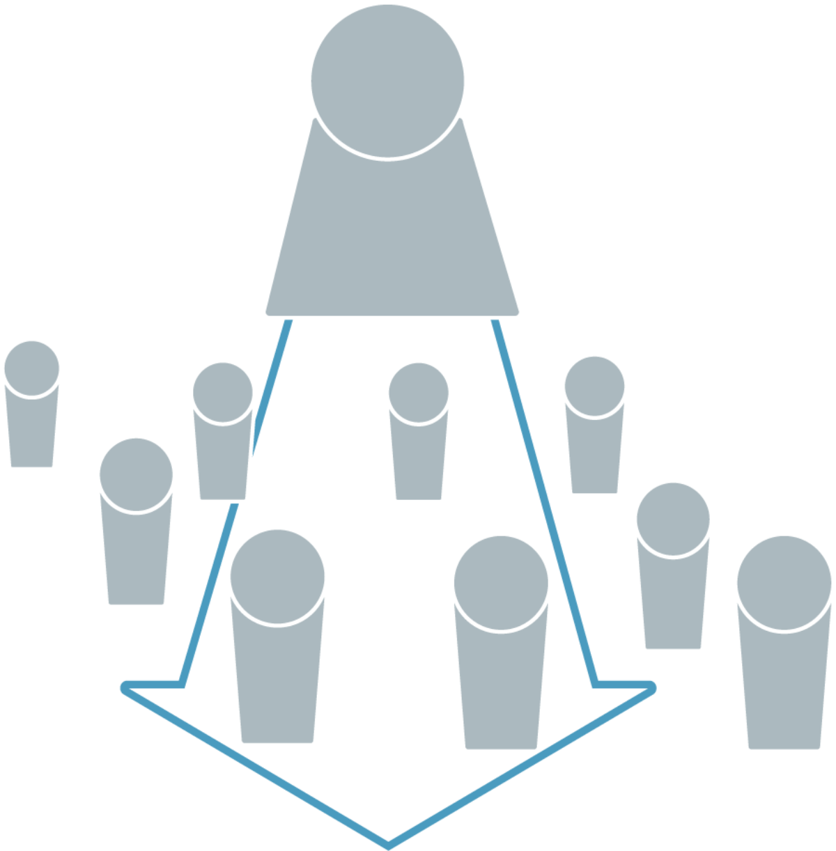 Eine stark vereinfacht dargestellte Person steht oberhalb von weiteren kleineren Personen. Von ihr geht ein Pfeil in Richtung der anderen Figuren aus.