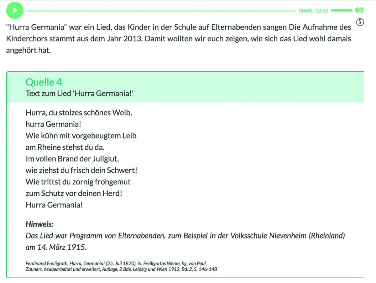 Screenshot einer Audioaufnahme mit zugehörigem Liedtext aus dem mBook, dem digitalen Schulbuch