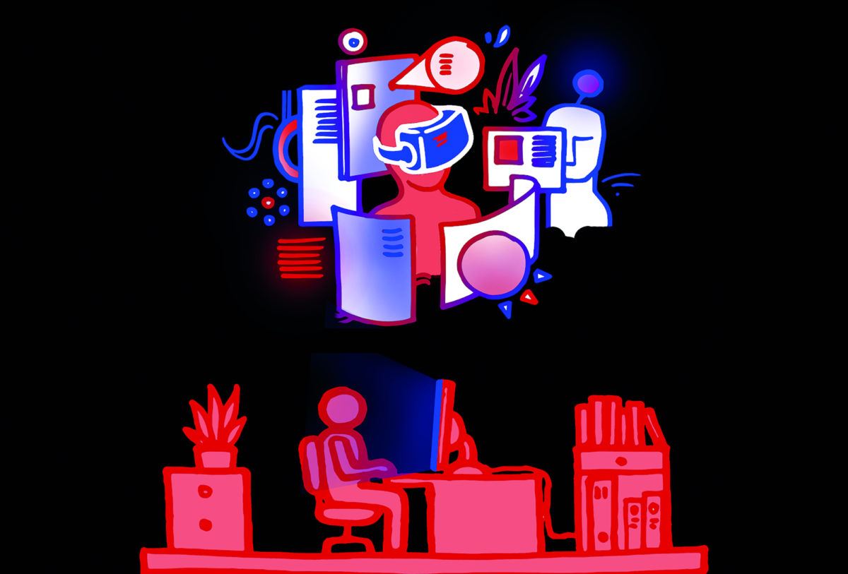 Eine Zeichnung im Cartoon-Format ist zu sehen, eine Person sitzt an einem Schreibtisch, über ihr ist eine Gedankenblase, in der gezeigt wird welche tolle Sachen sie alles in der virtuellen Realität machen könnte.