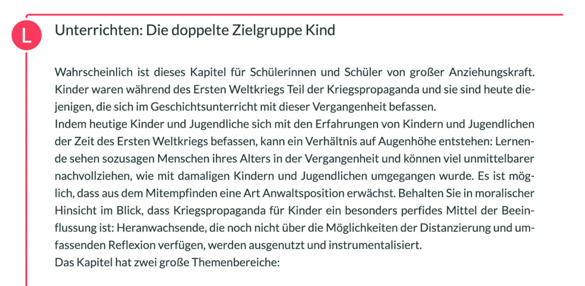 Unterrichten: die doppelte Zielgruppe Kind, ist die Überschrift dieses Aufgabenkastens aus dem mBook, dem digitalen Schulbuch