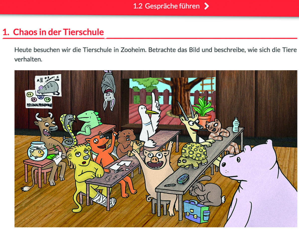 Screenshot aus dem mBook Deutsch. Kapitel „1. Chaos in der Tierschule". Gezeichnetes Klassenzimmer voller Tiere die am Unterricht teilnehmen.