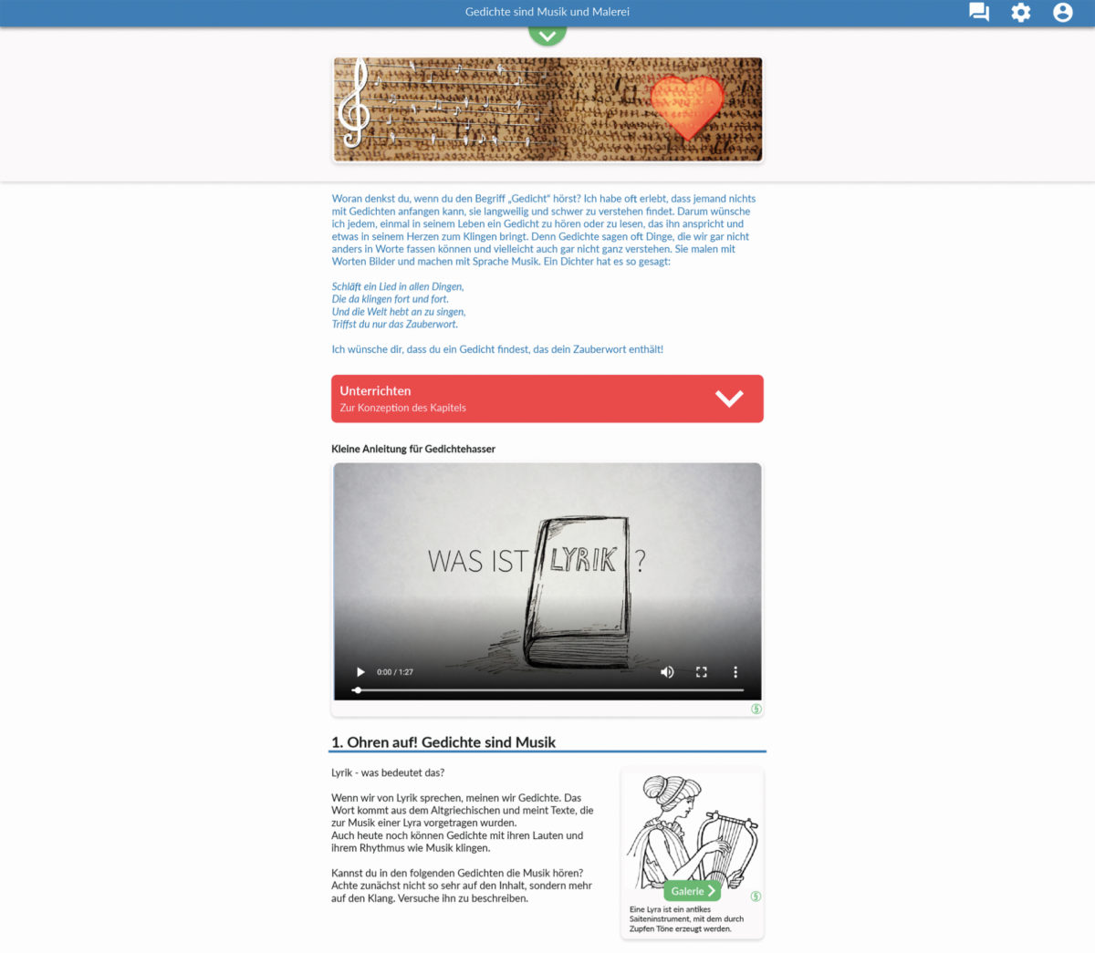 Screenshot aus dem mBook Deutsch zum Thema Gedichte sind Musik und Malerei.