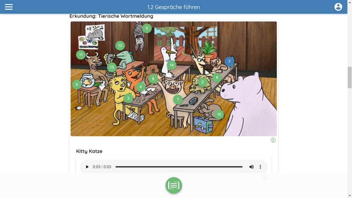 Screenshot aus dem mBook Deutsch. Tiere sitzen in einem Klassenzimmer. Ihnen sind Audiospuren zugeordnet, welche man anhören kann.